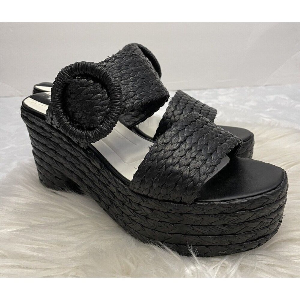 Franco Sarto Costa Rafia Slip On Black Heels Sandals Size 8.5